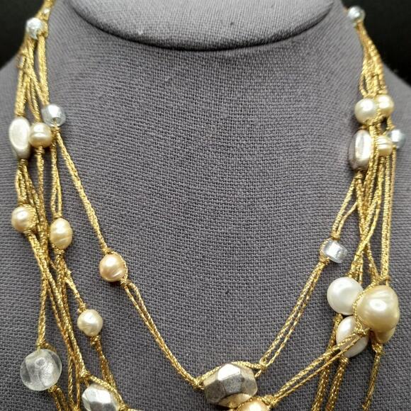 Coldwater Creek Faux Pearl Gold Chain Necklace, Five Double Strands, 19 Inches - Picture 2 of 12